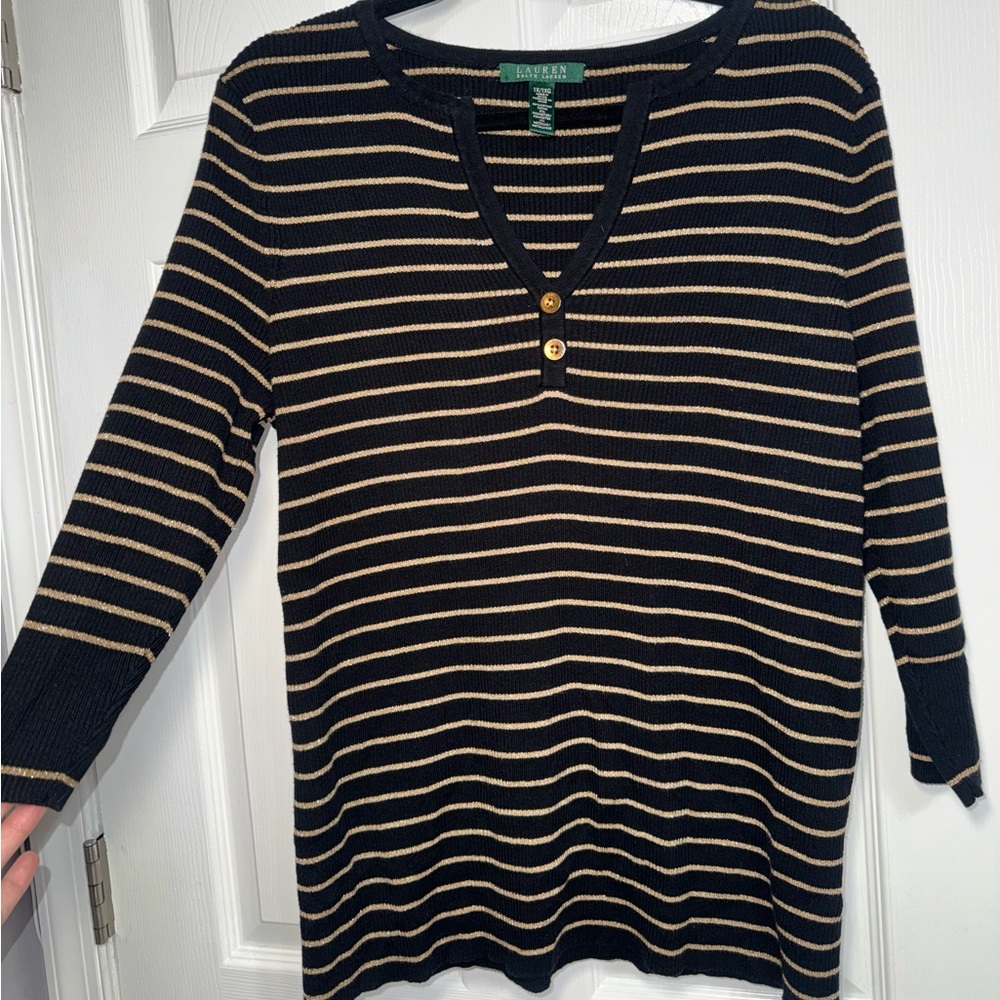 Lauren Ralph Lauren Black and Gold Striped Knit Sweater